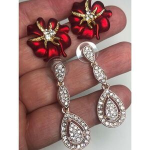 862 Lot of 2 Earrings Rosegold tone CZ drop & Red Cz flower earrings